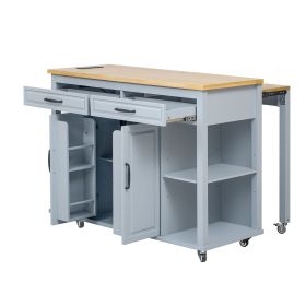 47 inch Kitchen Island with Extendable Dining Table, Rubber Wood Veneer Kitchen Table with Internal Storage Rack, Power Outlet (Material: MDF,Rubber Wood, Color: Grey+Blue)